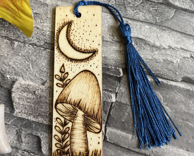 Mushroom and crescent moon. Handmade. Pyrography. Handburnt.