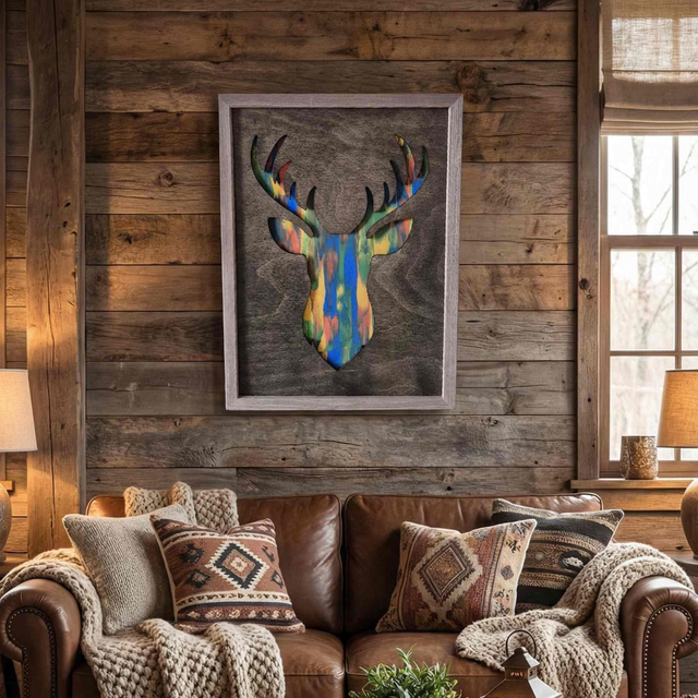 Tableau “Tête de Cerf” – Bois découpé &amp; fond coloré – Pièce artisanale