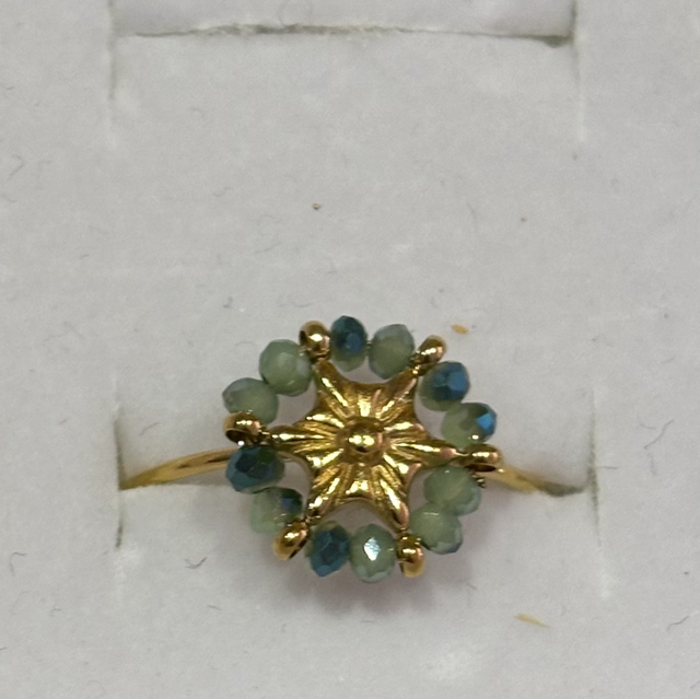 Bague acier fleur strass bleu/vert