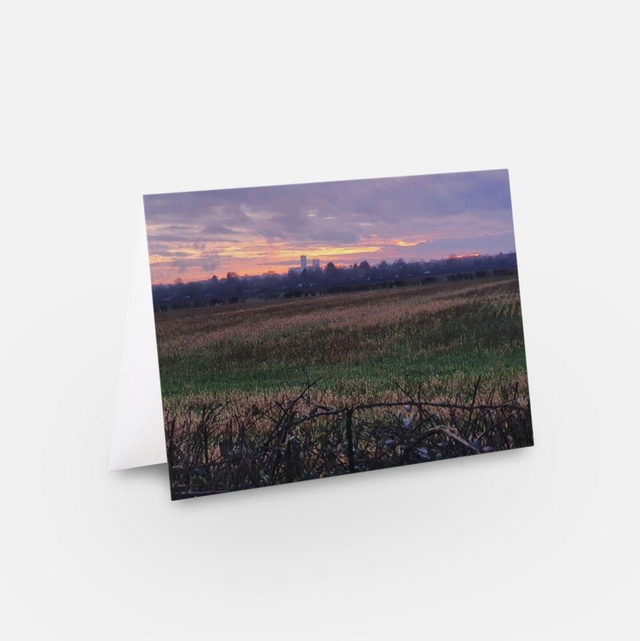 Lincoln Cathedral and sunset fields landscape greeting card