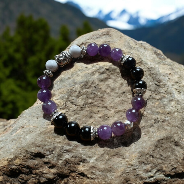 T2 Bracelet « I am » Améthyste-tourmaline noire Howlite 