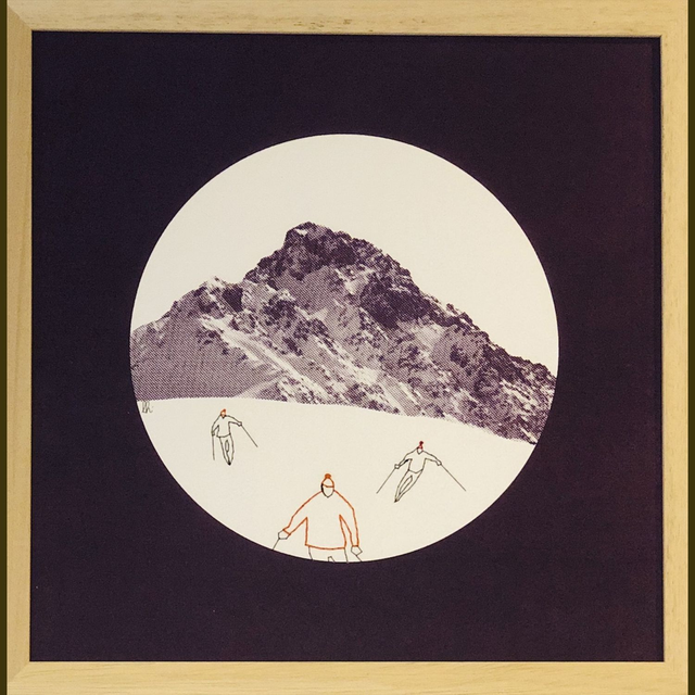 sérigraphie brodée 3skieurs1, encadrée, 30X30cm