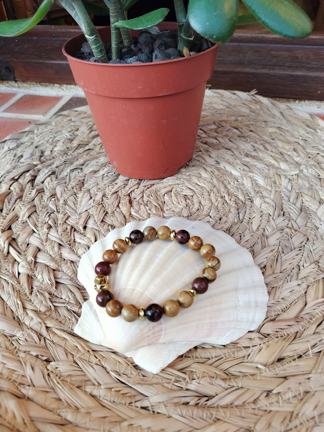 Bracelet Jaspe bois et Obsidienne Acajou