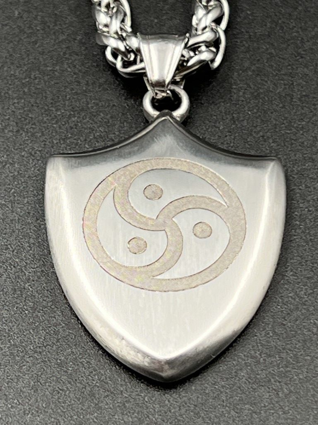 RVS schild met reliëf van BDSM symbool, inclusief dubbele schakelcollier.