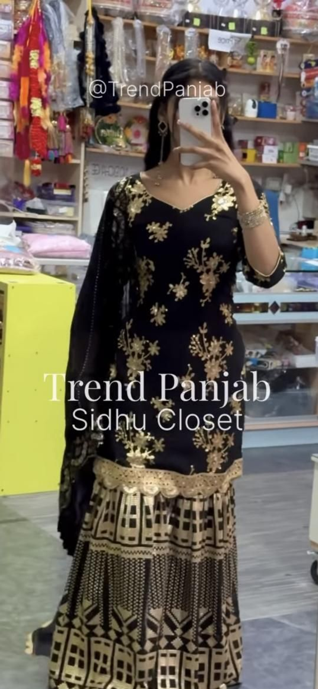 Jet Black & Gold Embroidered Sharara Suit