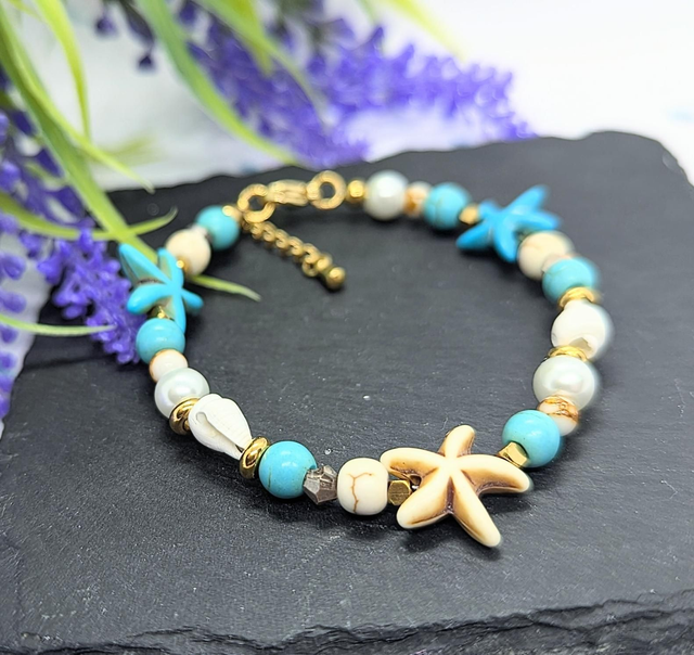Turquoise, Shell &amp; Gold Tone Plated Stainless Steel Beaded Clasped Bracelet 