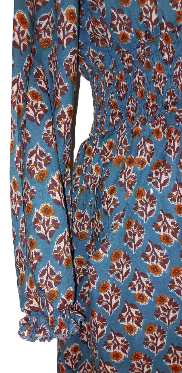 Robe manches-longues en coton indien - Motif floral - Éthique et Naturel – Style Bohème Chic - Col V ou rond