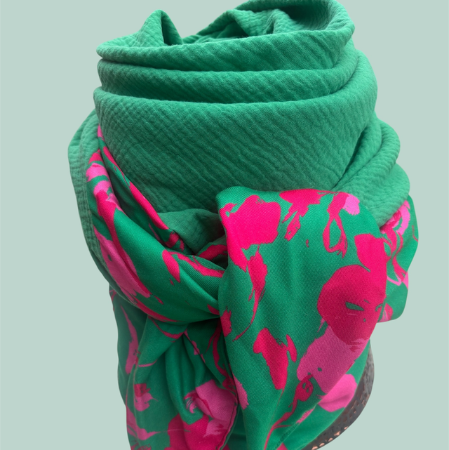 ÉCHARPE VERT BRÉSIL &amp; ROSE VIF – ÉCHARPES COULEURS AUDACIEUSES