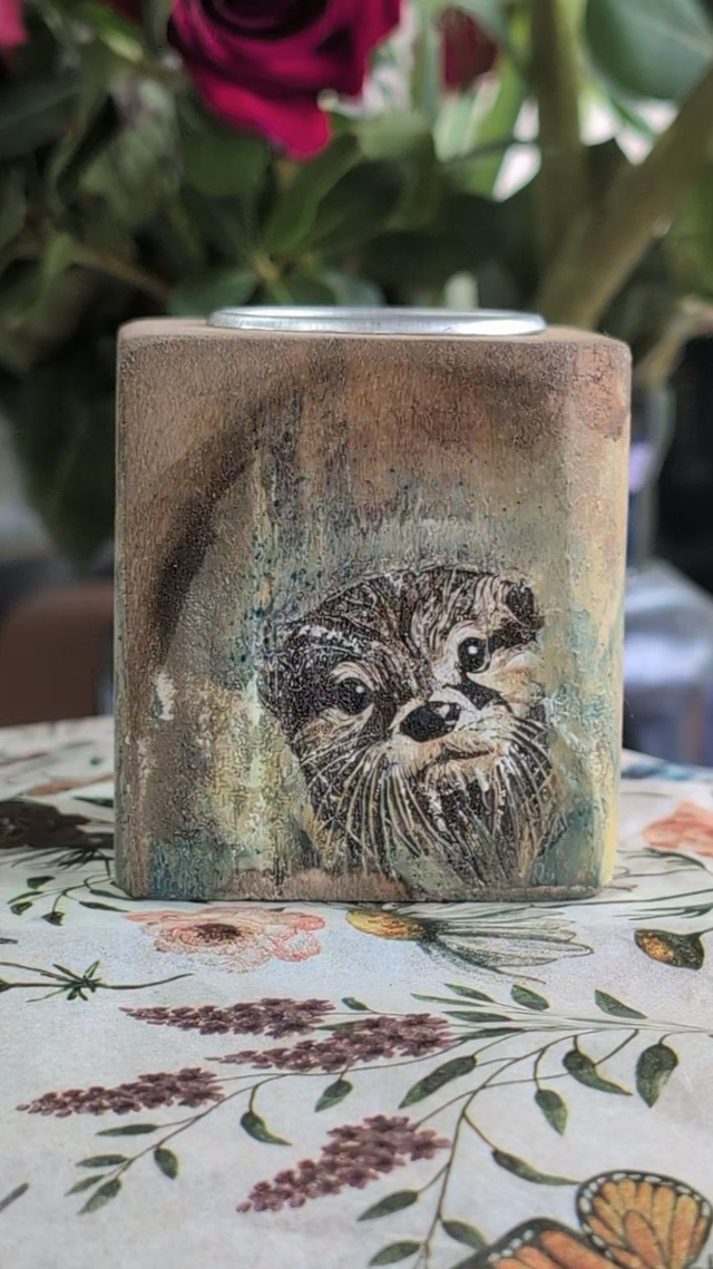 Otter by the edge of the river bank - Tealight Holder Reclaimed Wood
