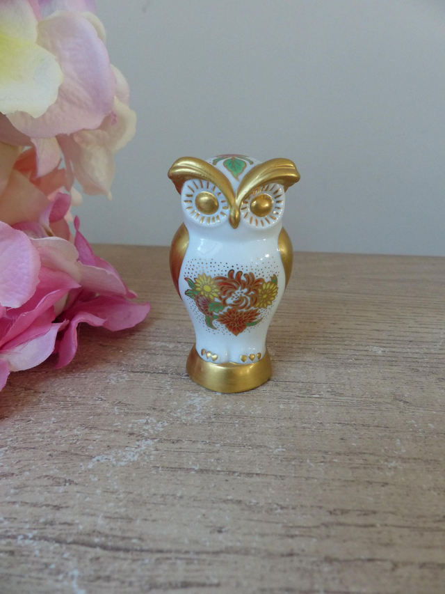 Rare figurine vintage hibou doré en porcelaine blanche décor fleuri, figurine miniature hibou Franklin Mint The Collectors Treasury of Owls