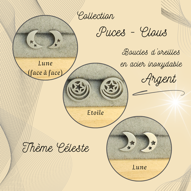 Clous d&#039;oreilles - Thème Céleste - Acier Argent