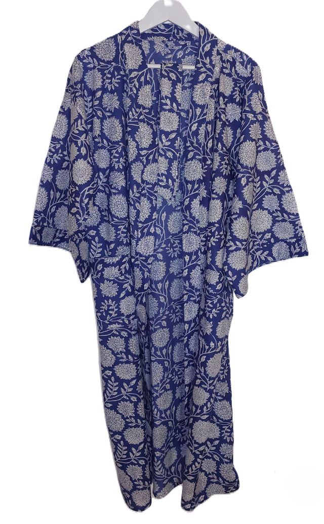 Robe kimono longue en coton, peignoir, robe de chambre, motif floral blanc et bleu, L.120cm  