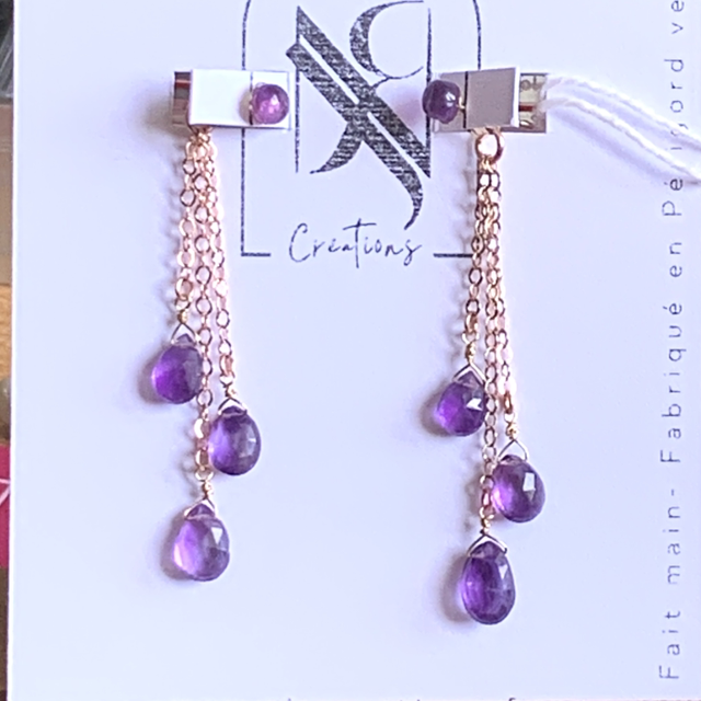 Boucles d'oreilles Victoria, en or rose laminé (Goldfilled), Améthystes naturelles