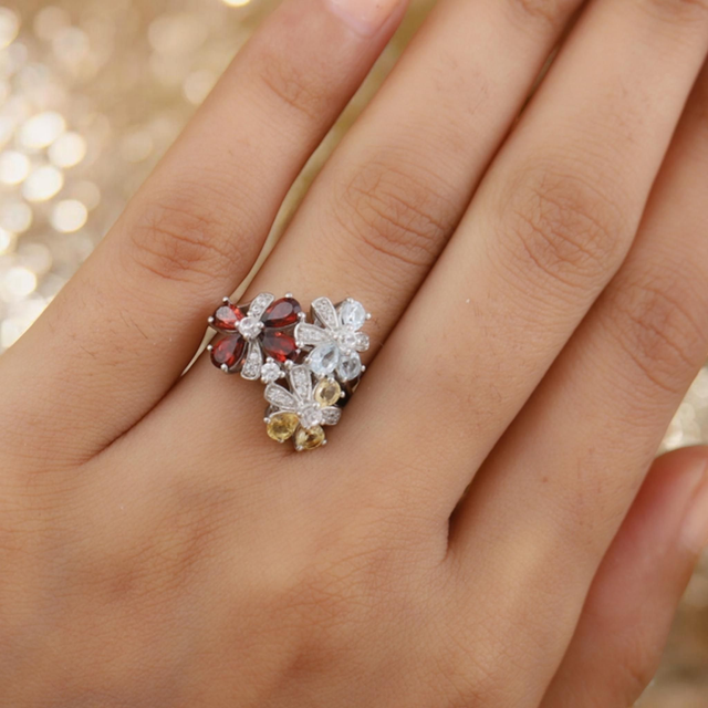 Mozambique Garnets & Multicoloured Gemstones Platinum Filled Ring.