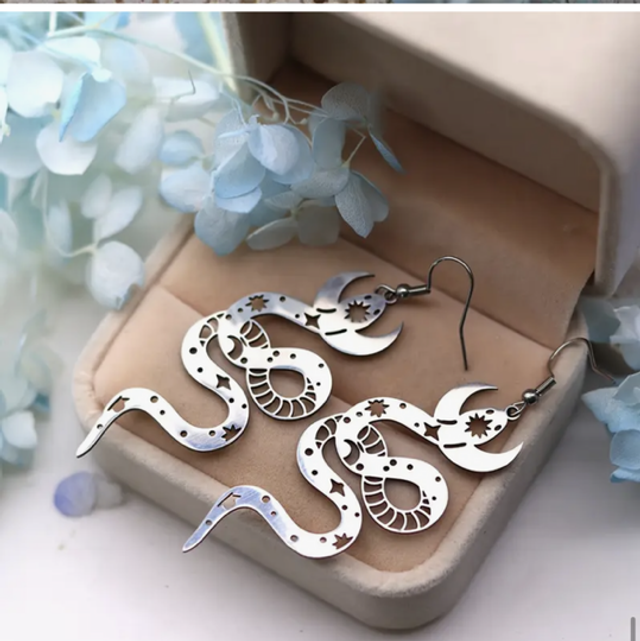 Snake &amp; moon dangle earrings