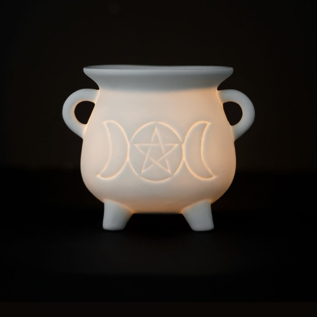 White Triple Moon Cauldron Tealight wax Burner 