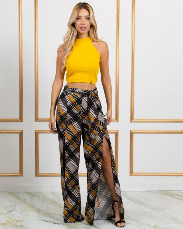 Calça Miss Misses com Zíper e Fenda Cor Mostarda