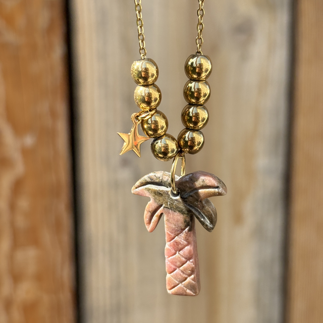 Sautoir Palmier en pierre naturelle Rhodochrosite