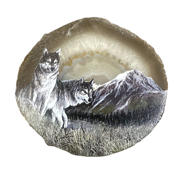 Plaque en Agate Botswana avec imprimé loup