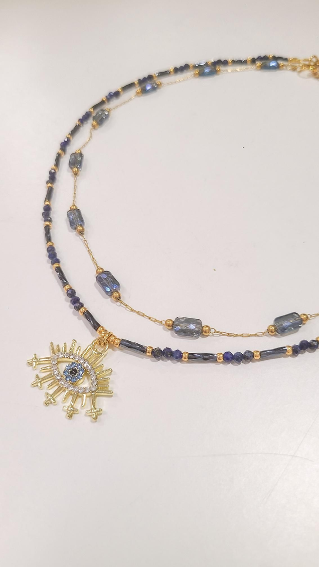 Collier double Salma – Bijoux faits main en acier inoxydable doré – Œil & Lapis-lazuli