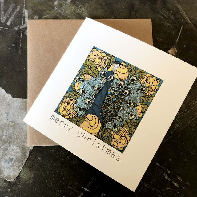 Card - Christmas - Peacock blue/yellow with text