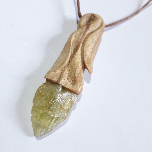 Brazilianite Necklace with hand carved Palo Santo wood 