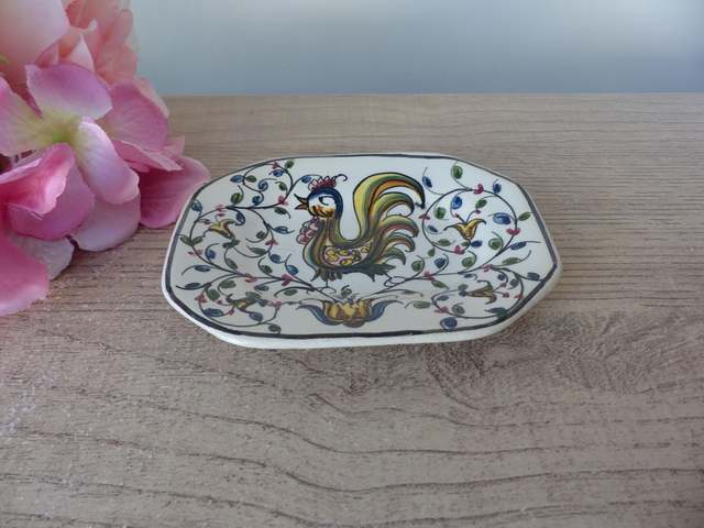 Porte-savon ou vide-poche en céramique du Portugal – Motif coq peint main – Pièce signée Almeida - Décoration pour Cuisine ou Salle de Bain
