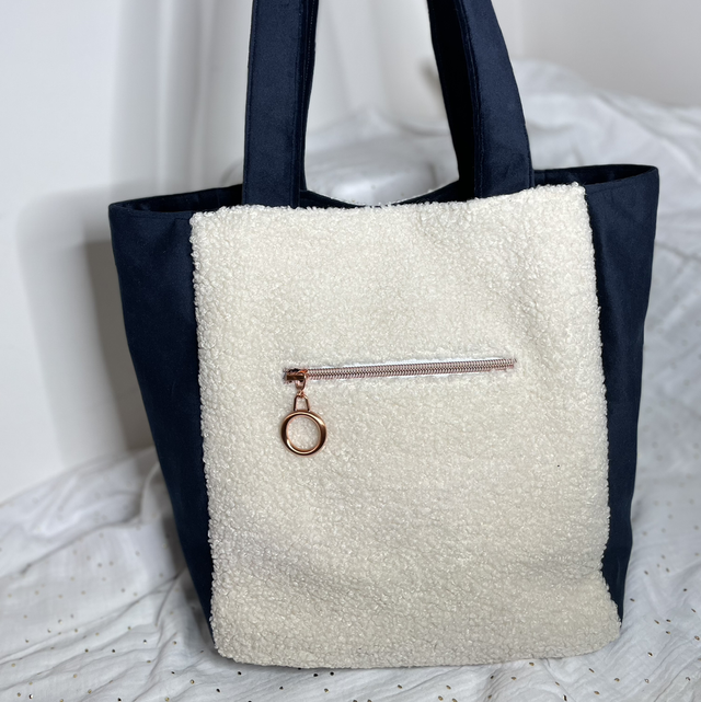 Sac cabas sherpa écru/velours bleu 
