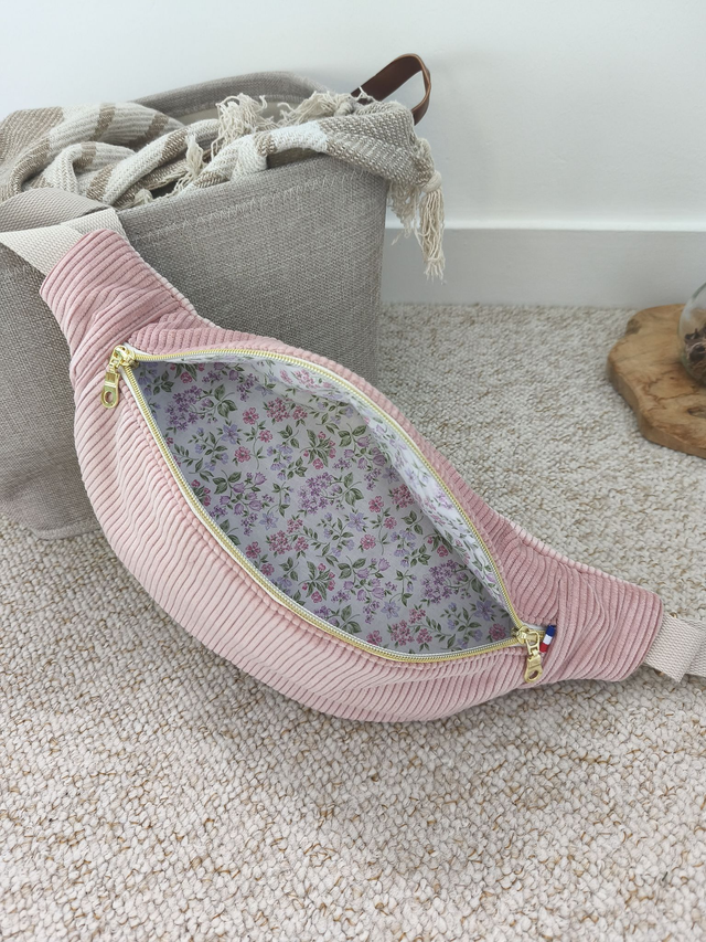 Banane Adulte velours côtelé rose poudré et fleurs 