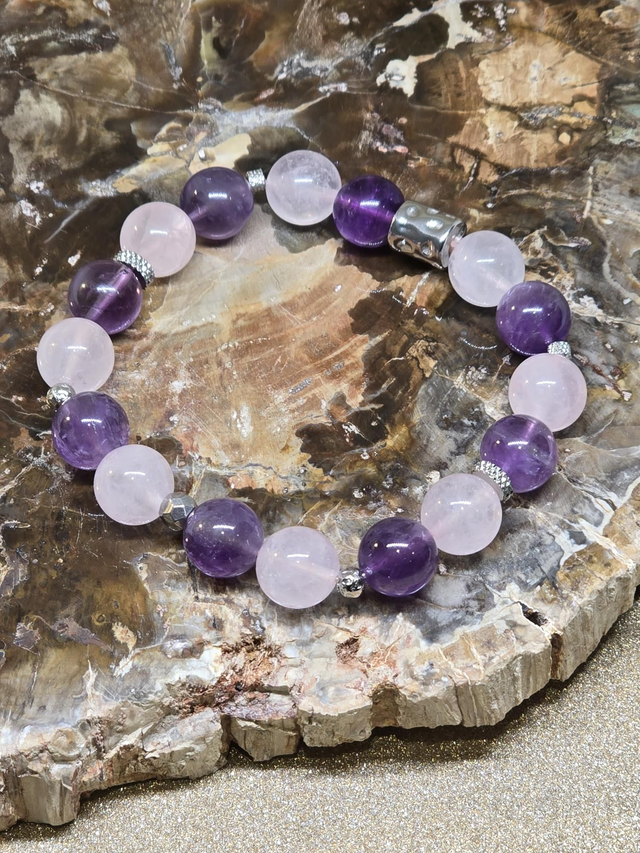 Bracelet Améthyste et Quartz rose en 1 cm