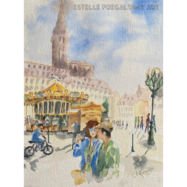 « Carrousel 1900 #2 », Place Gutenberg Strasbourg, aquarelle 