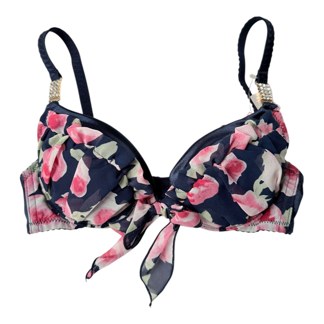 Navy blue + pink floral chiffon Japanese Bra UK 30A 