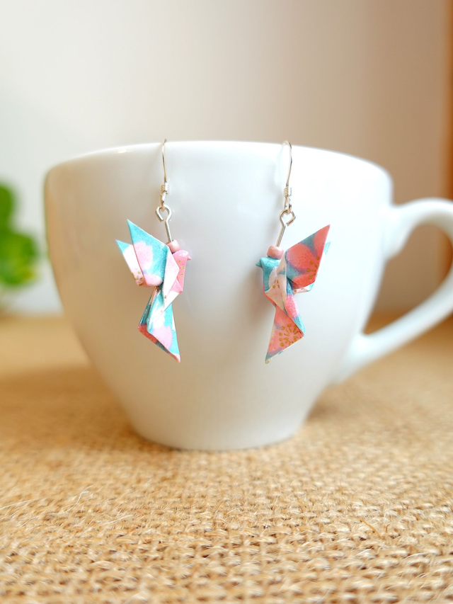 Origami Colombe, oiseau / Argent 925 / Boucles d&#039;oreilles / Papier japonais washi / Bleu, rose, argent / Bijou japonais origami /