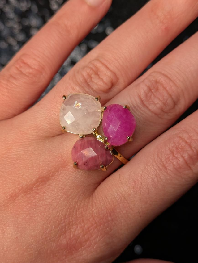 Bague triple quartz rose, rhodonite