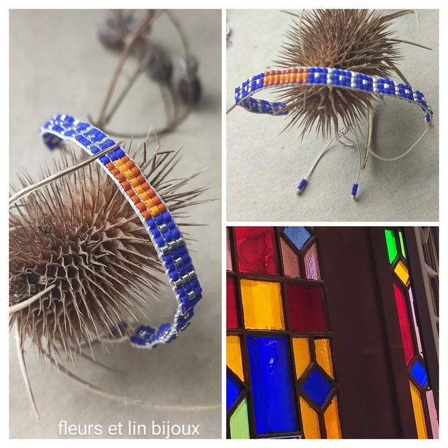 Bleu Klein &amp; orange bracelet tissé main en perles de verre miyuki réglable résistant pièce unique 