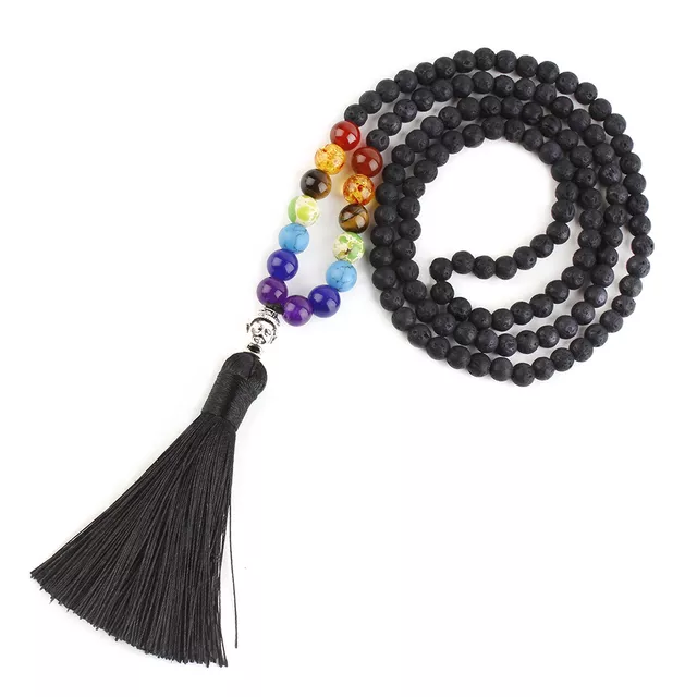 108 Mala Ketting Lava Boeddha Chakra edelsteen met kwastje | Armband | Rozenkrans Kralenketting