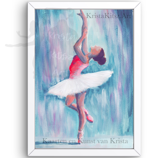 Ballerina schilderij blauw , luxe kunstprint op aquarel papier met structuur  