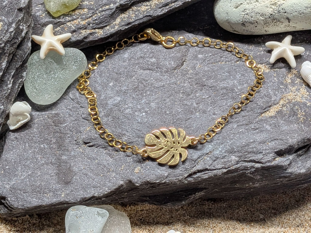 Gold Tone Plated Stainless Steel Clasp Bracelet With Palm Leaf Charm