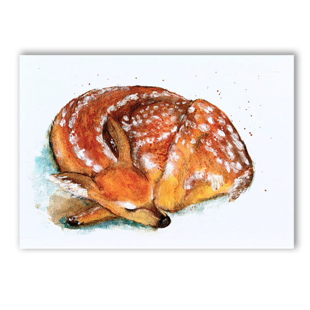A5 Fawn sleeping soundly watercolour print