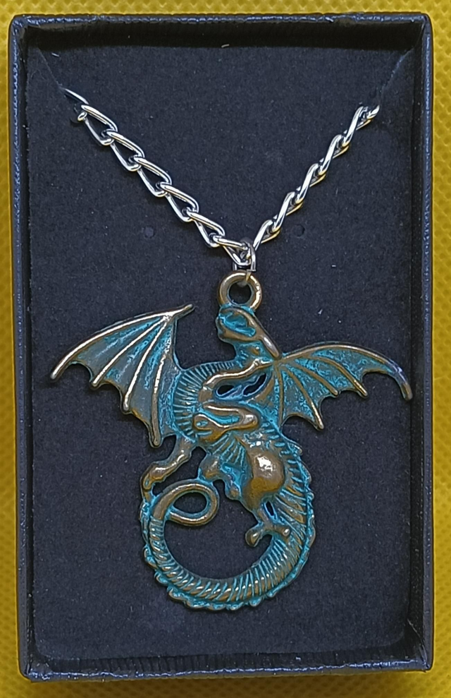 Large Brass &amp; Blue Dragon Pendant Necklace 