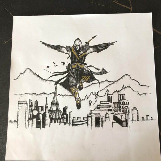 Guerrier samouraï au dessus de la ville - 30 x 30 cm - encadrement Noir 