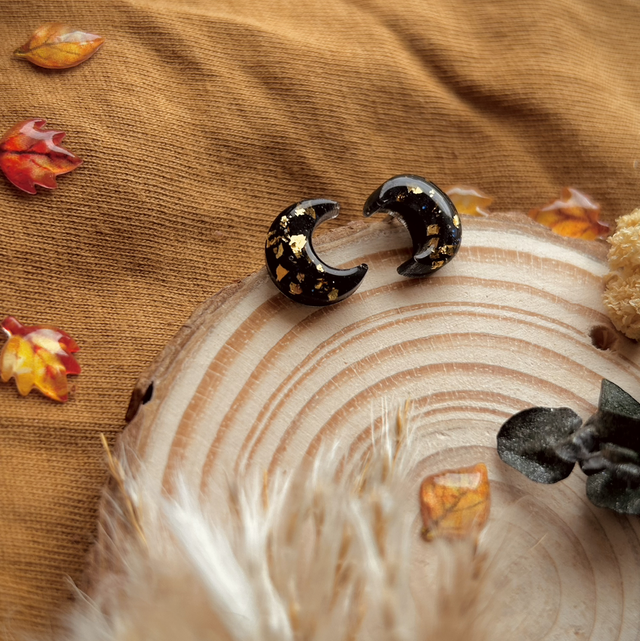 Crescent Moon Studs - Black &amp; Gold