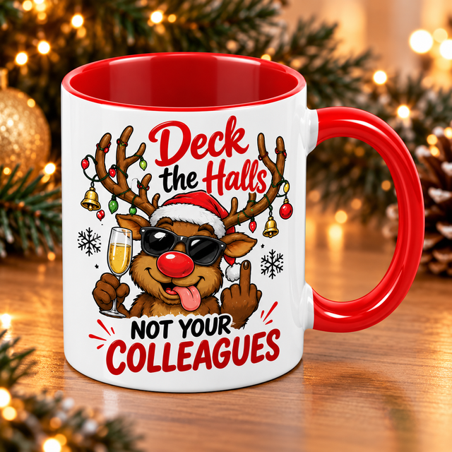 Funny Reindeer Christmas Mug – Red Handle 11oz Ceramic Mug – Not Your Colleagues