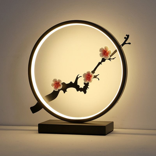 Cercle Lampe à Poser LED en Métal Style Chinois Lampe de Table Noire pour Salon - 220V-240V Branches de pin Chaud