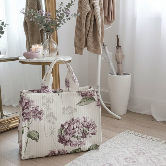 Sac cabas matelassé à fleurs d'hortensias violettes