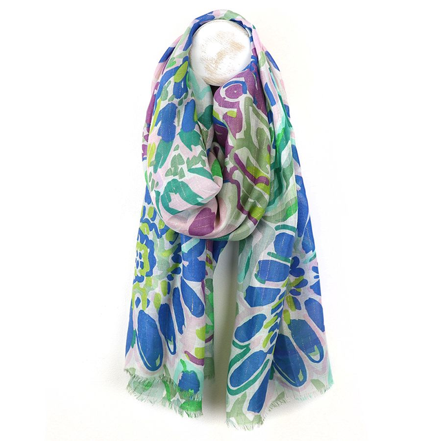 Blue Painted Floral Mix Scarf