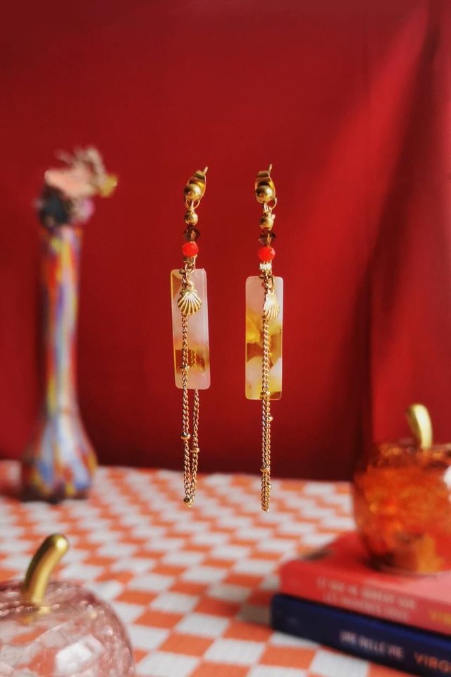 Boucles d'oreilles Jaune, Rose & Coquillage