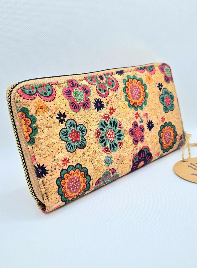 Porte-monnaie "Fanny" en liège imprimé fleurs colorées 
