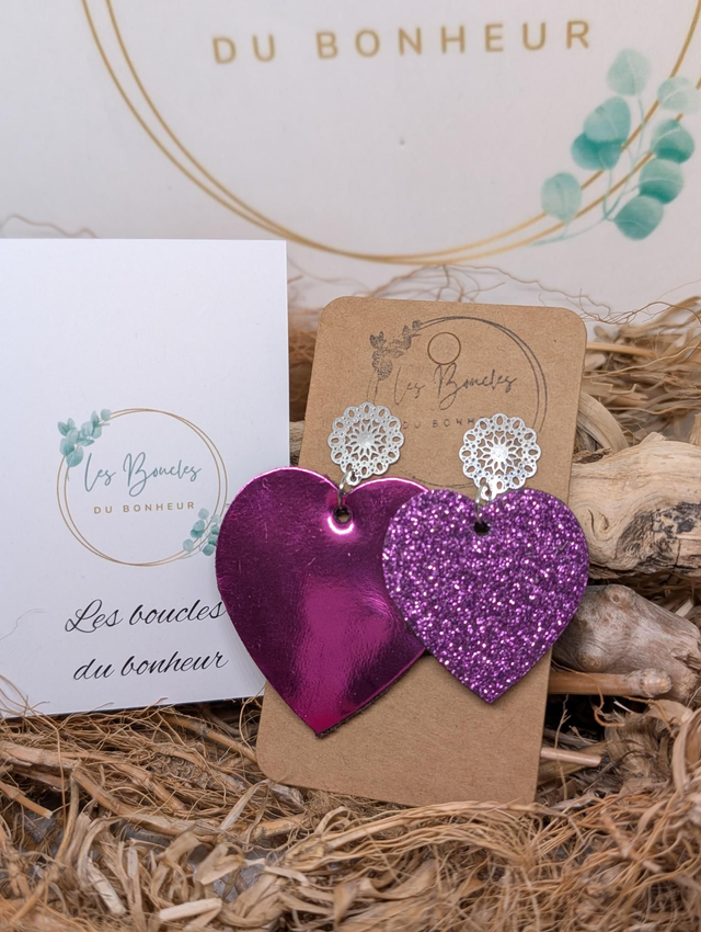 Boucles d'oreilles Asymétrique coeur fushia violet paillettes zk015