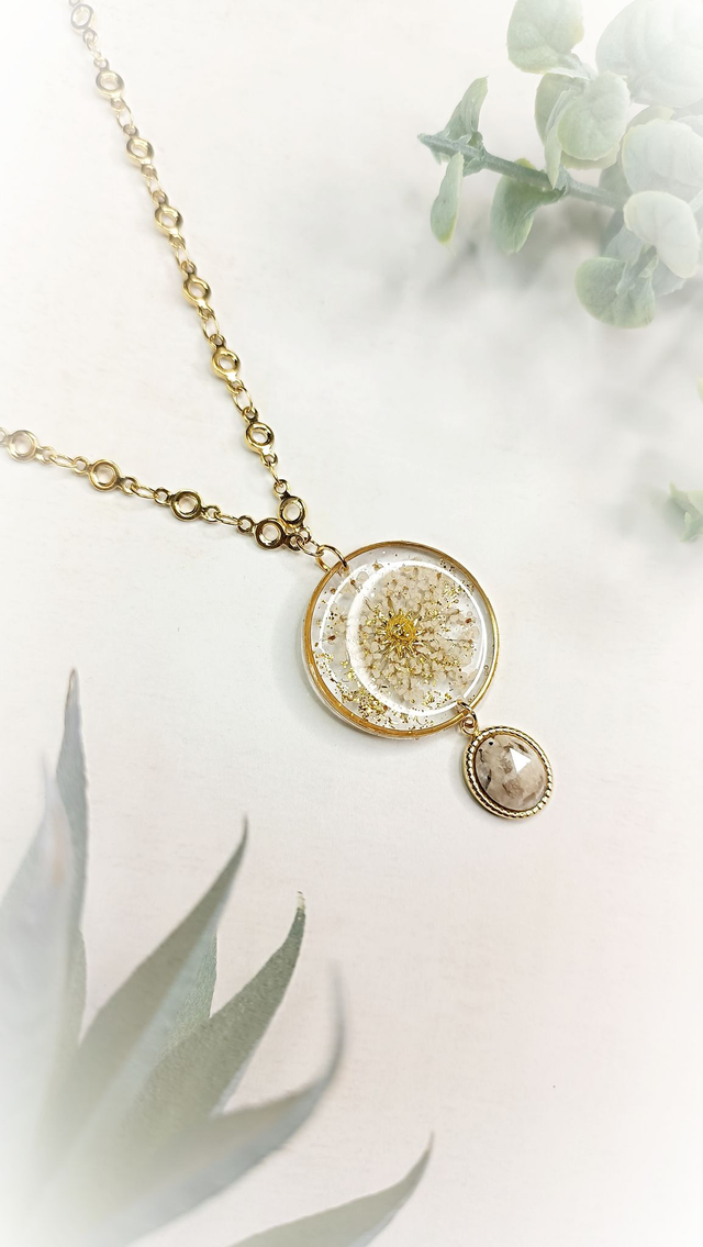 Collier sautoir ORINKO - Blanc Dentelle - Jaspe Dalmatien